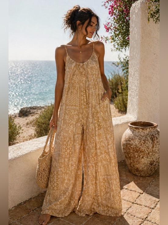 Valija Gitana Pants - NWT Boho Coastal Wide Leg Jumpsuit XL 🌞 Mustard Print Flowy Beachy Summer Romper